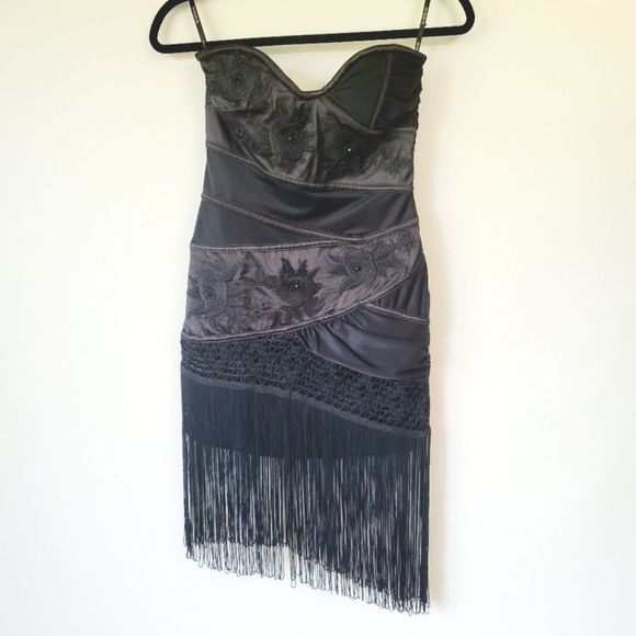 bebe Dresses & Skirts - Bebe Black Katherine Fringe Strapless Dress NWT Size XS
